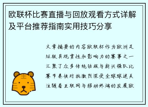 欧联杯比赛直播与回放观看方式详解及平台推荐指南实用技巧分享