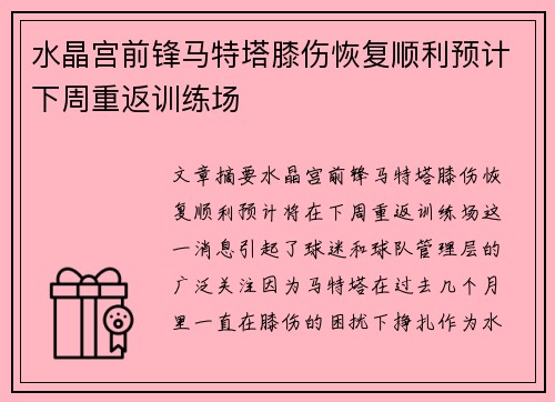 水晶宫前锋马特塔膝伤恢复顺利预计下周重返训练场